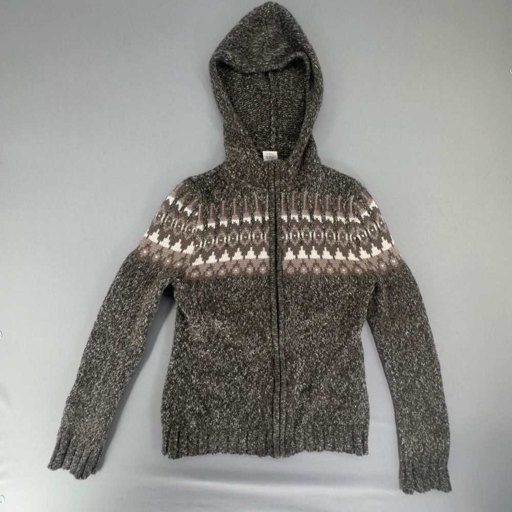 REI Womens Fair Isle Wool Blend Hooded Sweater Full Zip Jacket Brown  Grey S⁠